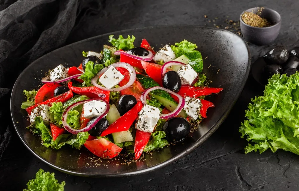 Fresh Mediterranean salad with olives and feta at Casablanca Pizza & Donair Edmonton